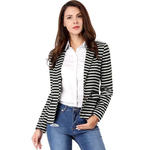 Notched Lapel Pocket Button Closure Striped Blazer Black - Picture 2 of 6